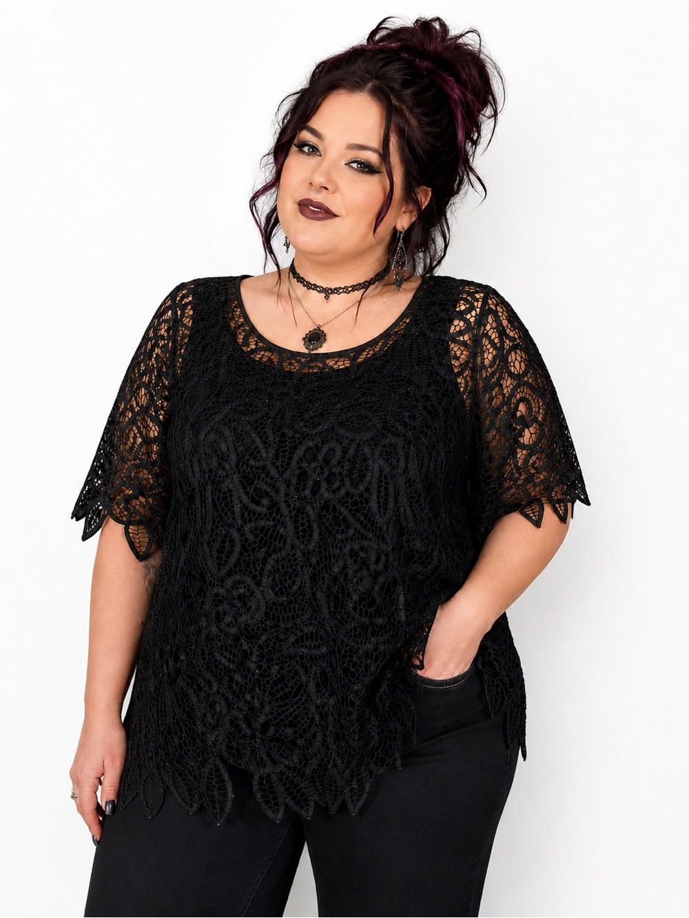 Silken Poetry XL 100% Silk Hand Crochet Black Floral Whimsy Goth Blouse